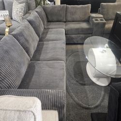 Brand New Gray Corduroy Sectional With Cup Holders And USB Ports