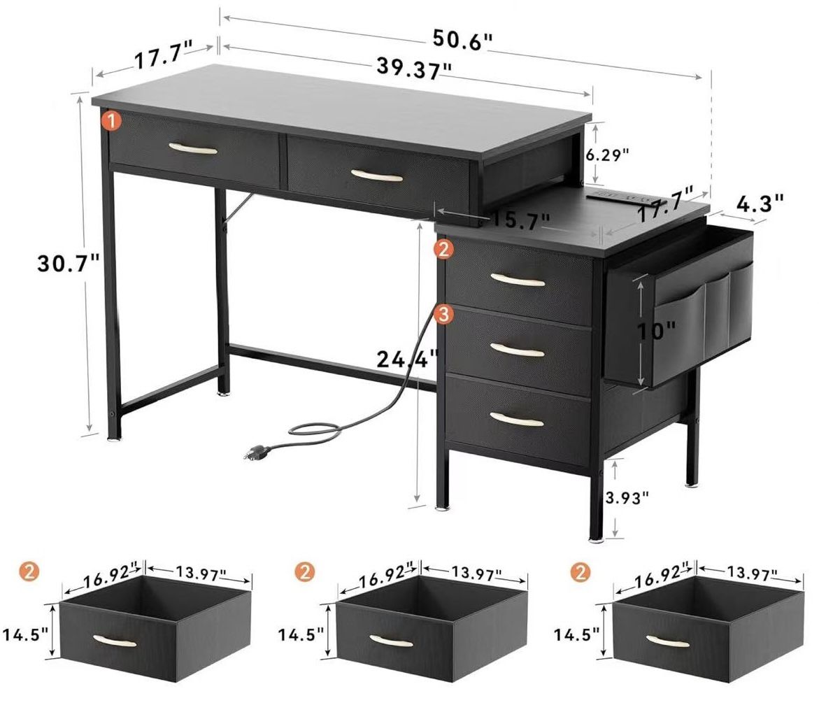 ✌️ Computer Desk with Charging Station, Office Desks with Fabric Drawer File Cabinet Printer Stand, PC Desk with 5 Drawers, Study Writing Table, Work
