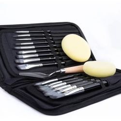 15 pcs Paint Brush Set Includes Pop-up Carrying Case with Palette Knife and 2 Sponges and 12 Pcs Watercolor Paint Brushes Art Set Bundle