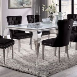Brand New Glam White Black Chrome Stainless Steel 7pc Dining Table Set 