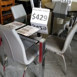 Brand New Black Glass Dining Table (48×36×30H) + 4 Gray Chairs
