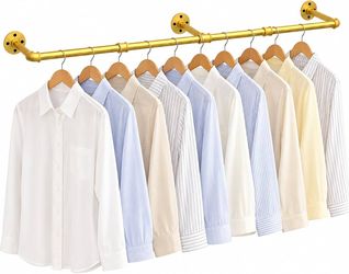 Gold Industrial Pipe Clothes Rail Wall Mounted Clothes Hanging Rack ,Wall-Mounted Clothes Rack Pipe Rail Wall-mounted Clothes Rail with35.4”-70.8” Len