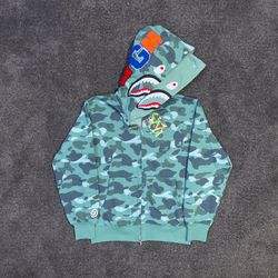 Bape Teal Double Hooded Full Zip Up Hoodie
