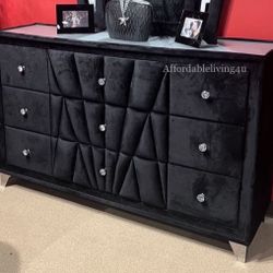 Black Velvet Dresser W/ Acrylic Crystal Knobs Brand New In Box 