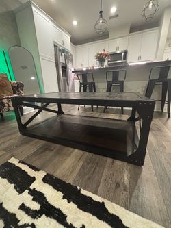 64" Industrial Wood & Metal Coffee Table | Dark Wood Top + Black Frame