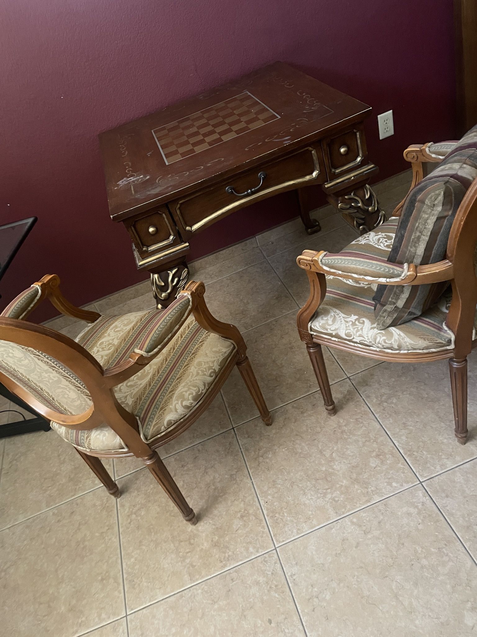 Antique Chess Table With 2 Victorian Chairs 