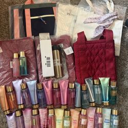 Victoria’s Secret & VS Pink 7 totes, 1 coffee tumbler & 32 pieces of mist and lotions