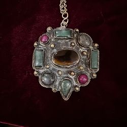 Egyptian Revival Tigar Eye Necklace Drop Pendant Italy 