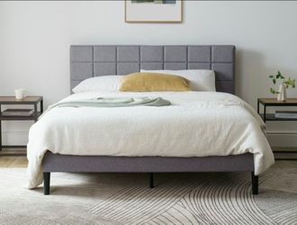 Upholstered queen size bed frame gray base cama queen