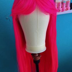 Hot pink, long, straight, heat, resistant, synthetic wig, hair