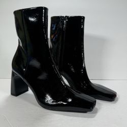 Zara Black Patent Vegan Leather Square Toe Heeled Boots Women Size 6