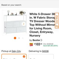 White 5 Fabric Drawer TV Stand NEW 