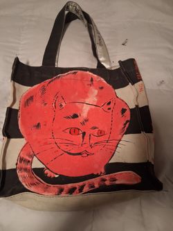 This is a rare, limited-edition Andy Warhol "Sam" Cat canvas tote bag, originally produced as part of a classic pop art accessory collaboration