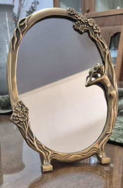 Art Nouveau Brass Lady of the Lake Mirror