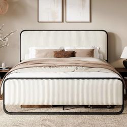 Full Size Metal Bed Frame with Upholstered Headboard, Cream Curved Upholstered Headboard and Footboard, Large Under Bed Storage, No Box Spring Needed