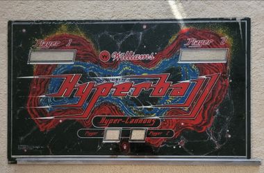 Lot of 5 original retro pinball backglasses - 1980s - Meteor, Trizone, Hyperball, Blackout, Firepower
