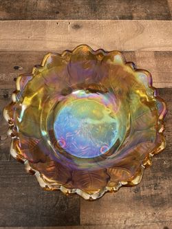 Vintage 1970’s Carnival Glass Marigold Footed Glass Bowl Iridescent Gold -