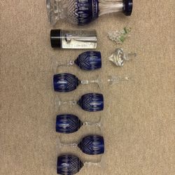 Cobalt Blue Cut Crystal Decanter Set + Swarovski & Art Glass Bundle