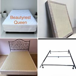 4 pc: Beautyrest queen mattress $50, box spring $50, metal bed frame $50, wrought iron metal headboard $25