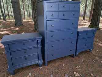 Large Dresser & Nightstands 3pc Bedroom Set Solid Wood Navy Satin New