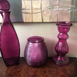 Purple Glass Decanter, Vase and Candle Holder