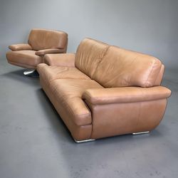 Modern Designer Leather Sofa + Matching Swivel Chair Set