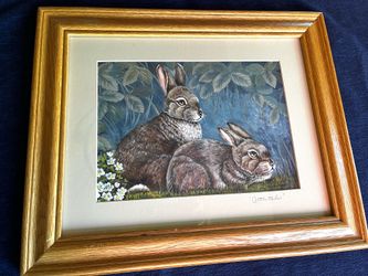 Bunnies original framed art signed “Cottontails” by Doris Anderson