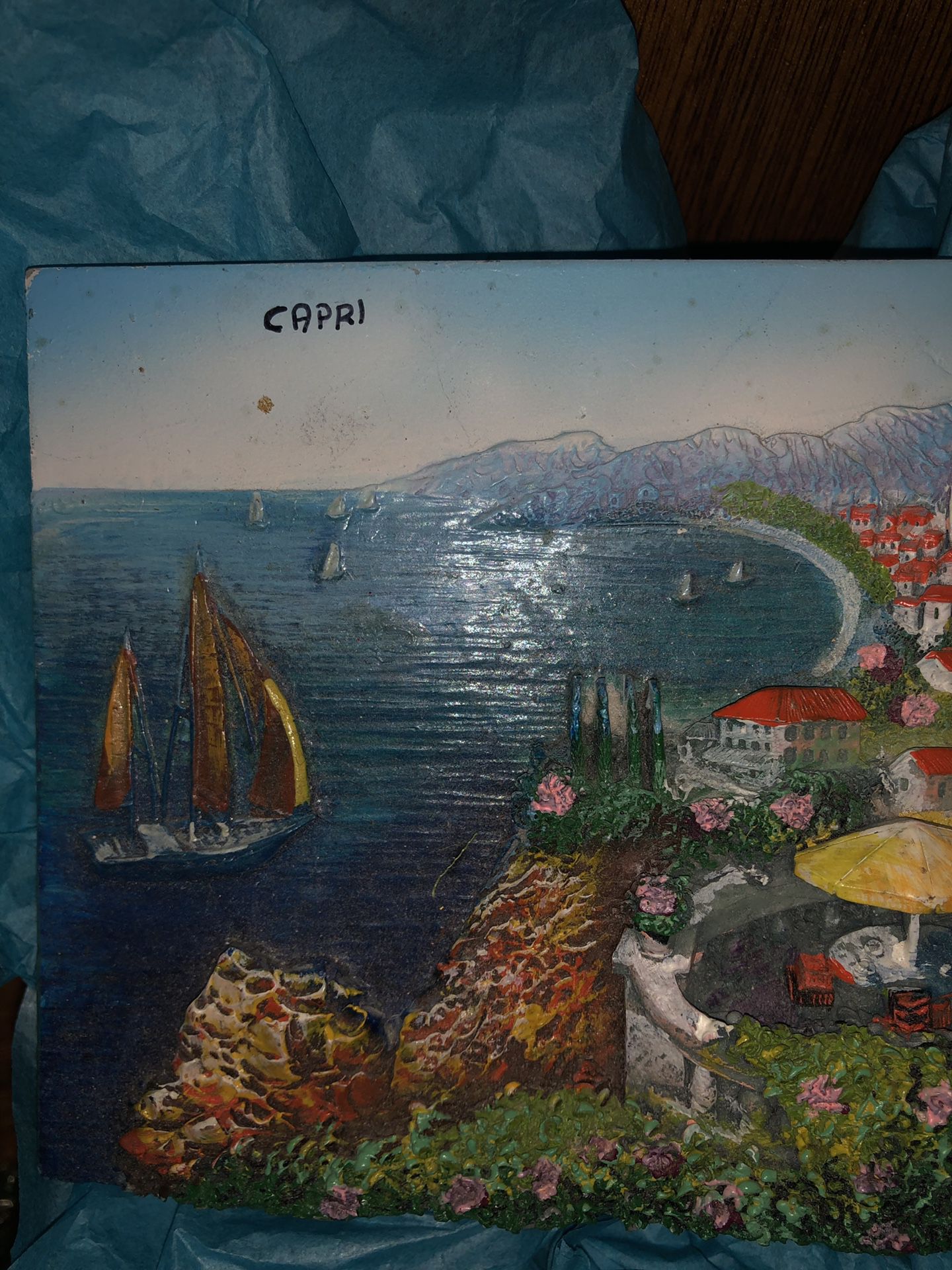 Ocean sailboat beach restaurant landscape of Capri sculptured art from Capri