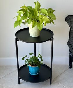 NEW 22” Matte Black Metal 2-Tier Plant Side Table 