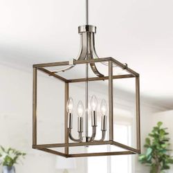 Modern Polished Nickel Square Cage Chandeliers with 4 Light Kits - Polished Nickel and Brushed Wooden Finish - L:13.75"H:13.4"
