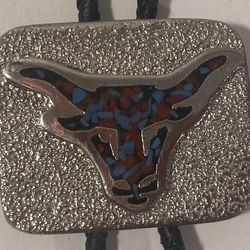 Vintage Bolo Tie Silver And Red And Blue Turquoise Bull Design
