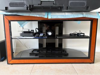 Sleek TV Stand Media Console Glass Shelves Wood Trim