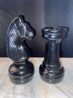 Vintage Large Black Chess Piece Bookends - Knight & Rook Set