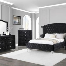BLACK VELVET KING BEDROOM SET 4PCS 