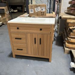 36*18" Wood Bathroom Vanity with Solid Wood Frame, 2 Soft Close Doors, 3 Soft Close Drawers, Adjustable Shelf, Modern Storage Cabinet for Small Bathro