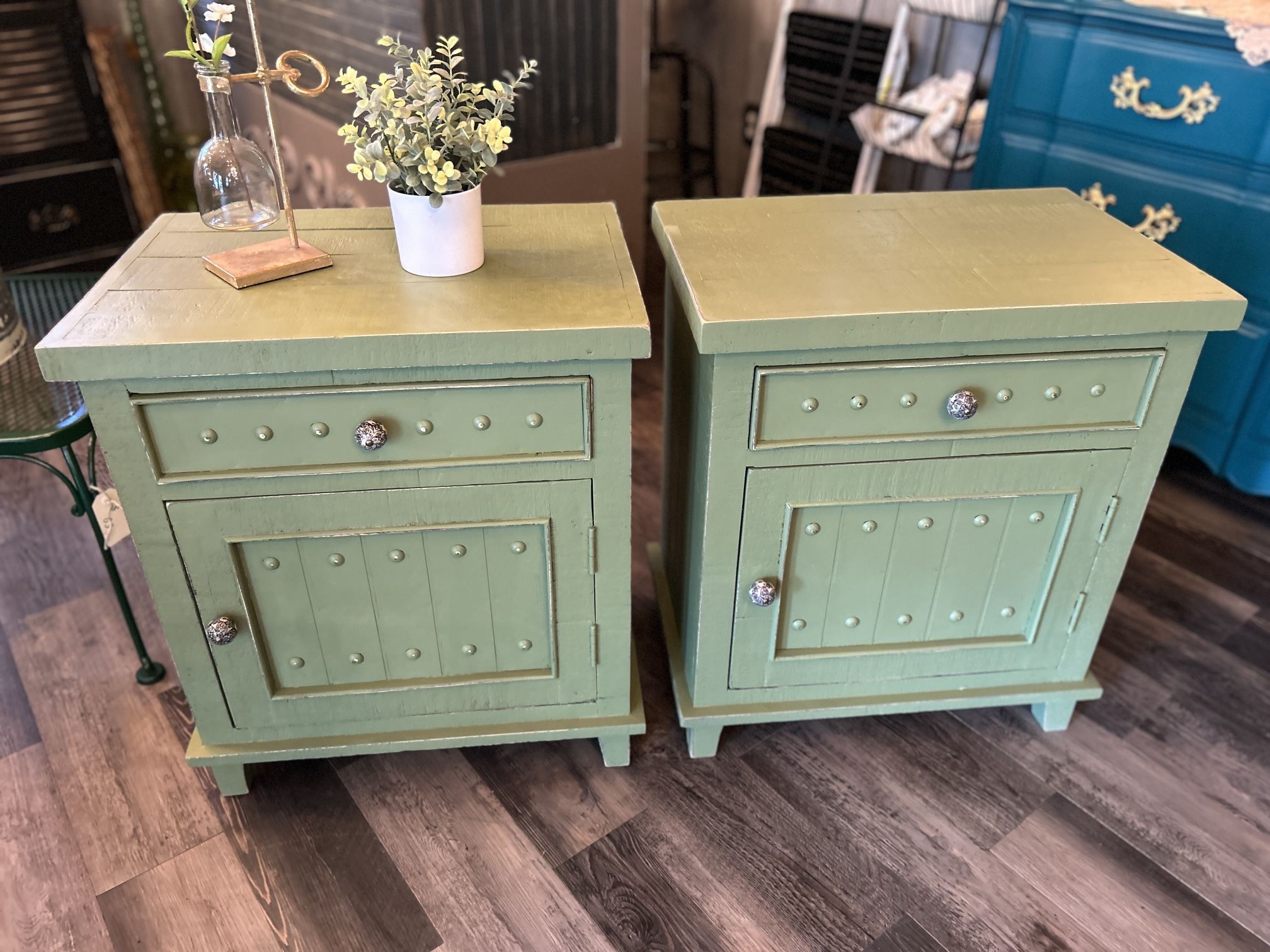 Rustic Farmhouse Green Matched Nightstands / End Tables
