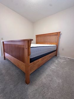 Wooden queen, bedframe, mattress, and boxspring