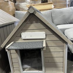 NEW - Dog House, Outdoor Wooden Dog Kennel with Window for Medium Dog, 26" D x 31.9" W x 32" H, Gray
