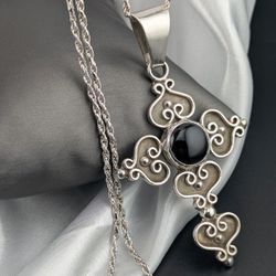N12✨🖤✨ Sterling Silver Black Onyx Cross Necklace 27"| 37g.👌✨