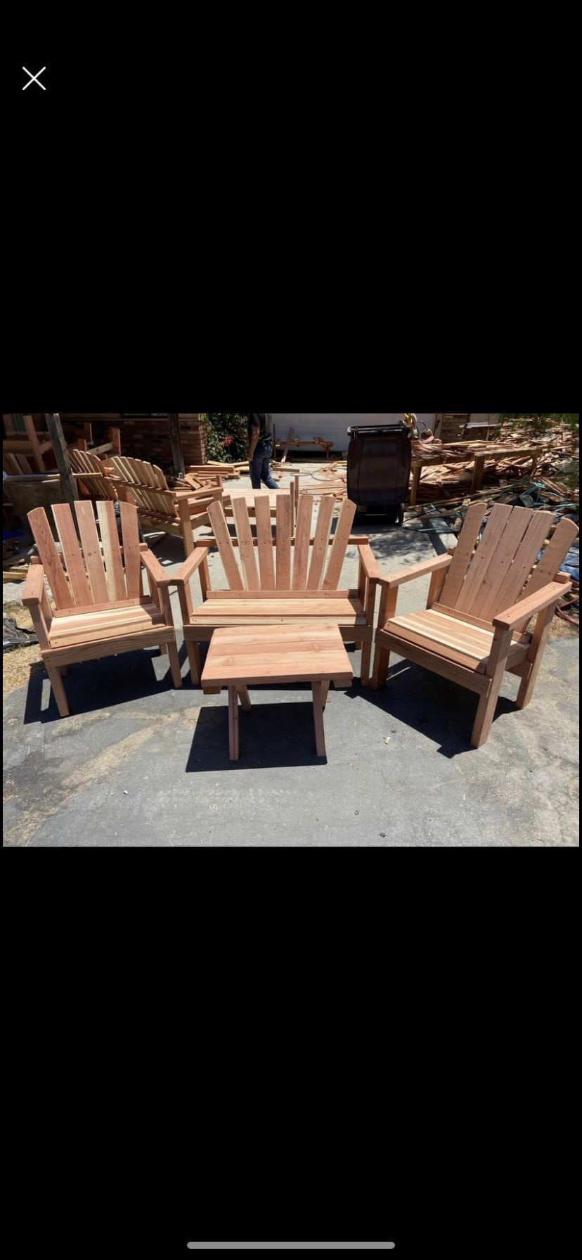 4 Piece Set Of Redwood Outdoor Furniture , 2 Arm Chairs ,1 Loveseat/bench 1 serving Table , Made Of Redwood , sanded To Smooth Finish ..