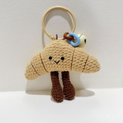 Crochet kawaii croissant keychain with bell 