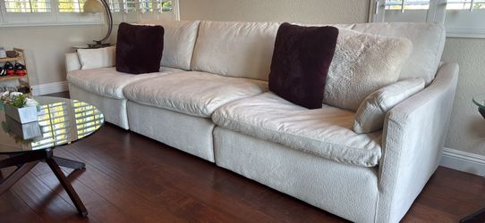 3 modular sofas, soft white velvet fabric with duck feathers.