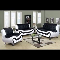 Black And White Leather Three Piece Couch Set 