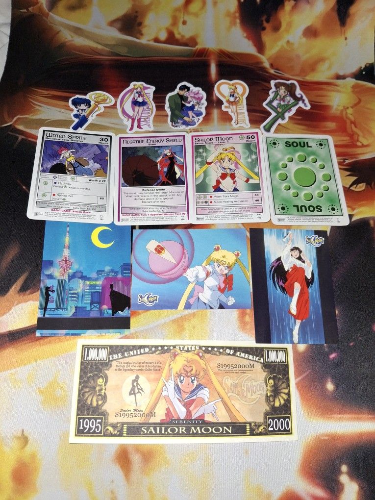 ANIME SAILOR MOON LOT OF MISC. TRADING CARDS, STICKERS, AND PLAY MONEY...ADULT OWNED AND KEPT IN A SMOKE FREE HOME...$5 FIRM...
