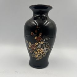 Vintage Black Japanese Porcelain Vase floral Design Gold Trim