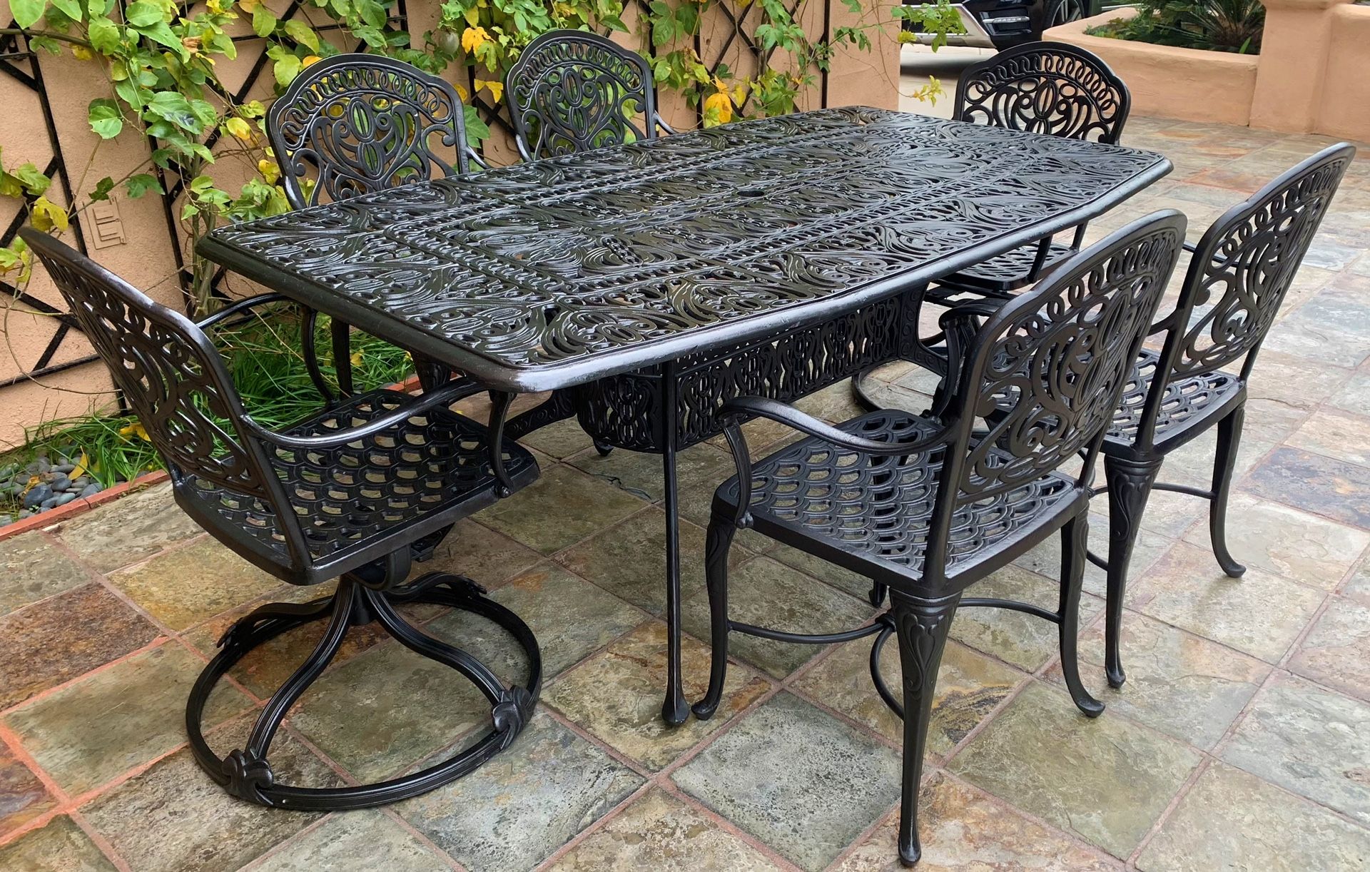 7-pc Hanamint Tuscany Cast Iron Patio Dining Set Swivel Chairs Table