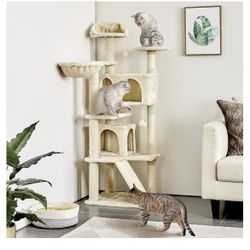 57 inches Cat Tree for Indoor Cats, Multi-Level Cat Tower w/ 3 Perches, 2 Cat Condos, 2 Hanging Balls and Scratching Posts, Beige