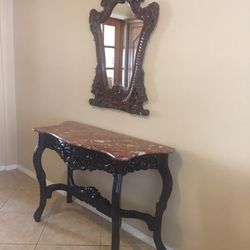 Hand Carved Entry Way Table/Vanity With Hand Carved Mirror