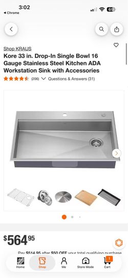 Shop KRAUS Kore 33 in. Drop-In Single Bowl 16 Gauge Stainless Steel Kitchen ADA Workstation Sink with Accessories
