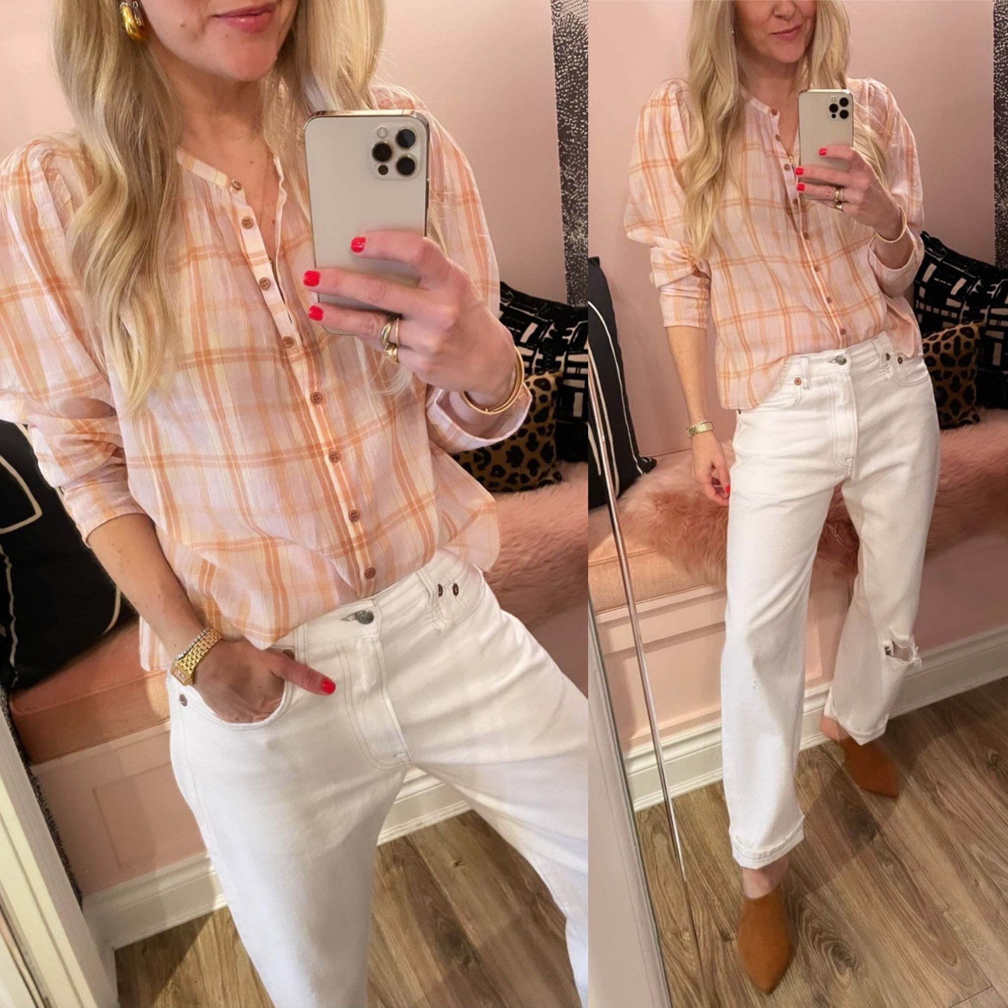 Ulla Johnson Nour plaid half button-front balloon sleeve blouse in pale lilac 2